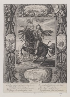 Louis XIII on horseback with views of besieged towns and fortresses , c.1630.