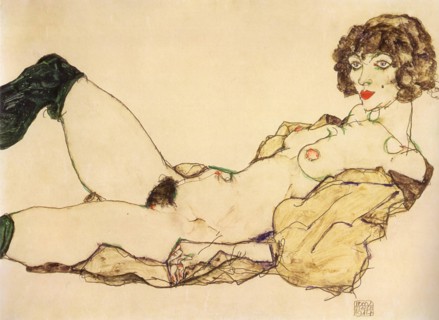 Lying nude with green stockings, 1917.
