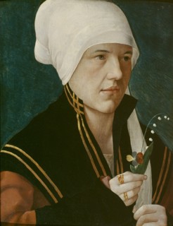 Portrait of a woman holding a Lily-of-the-Valley and a pansy, before 1520.