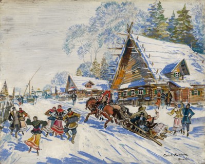 Russian village in winter, .