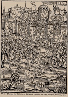 Siege of a city in the 15th century. From the Strasbourg Vergil by Johann Grieninger, 1502.