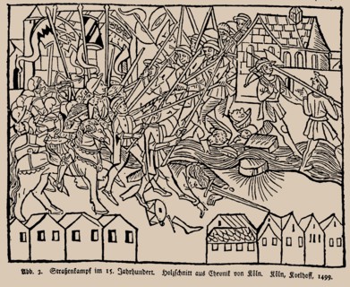 Street fighting in the 15th century. From the Cologne Chronicle by Johann Koelhoff , 1499.