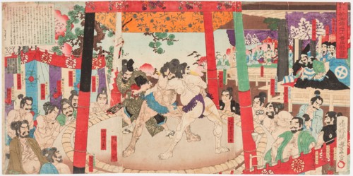 Sumo performed before Hideyoshi and Kato Kiyemasa, 1884.