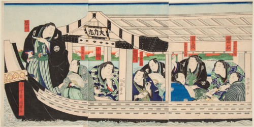 Sumo Wrestler Dairiki Maru on a boat with friends, 1864.