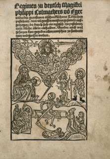 Title page of Regimen wider die Pestilenz by Philipp Culmacher, c. 1495.
