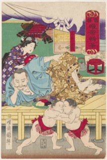 Two Sumo children  in Action in front of Tachibana Muneshige, 1861.