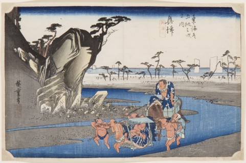 Two wrestlers crossing the Okitsu River near Okitsu, 1830s.