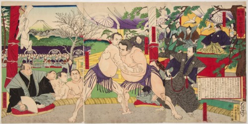 Wrestling match Koyonagi Tsunekichi vs Arauma Daigoro, 1885.