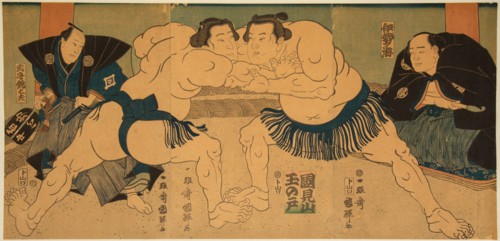 Wrestling match Tagasugo vs Ayusegawa, 1866.