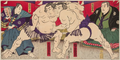 Wrestling match Umegatani Rodachi vs Kimura Shonosuke, ca 1885.