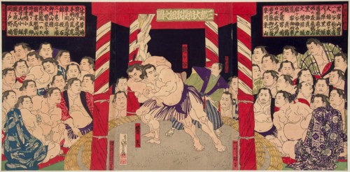 Wrestling match Umegatani vs Haibirya, 1860s-1870s.