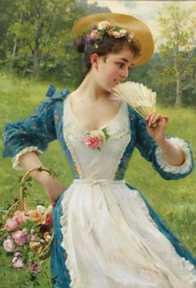 Young beauty with a basket of roses, .