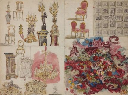 Design of furniture, ceiling, lamps, decorative wall painting with flowers for the Jussupow Palace o