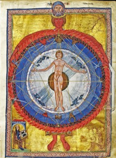 The Cosmic Spheres and Human Being. (Vision from Liber Divinorum Operum), ca 1220-1230.