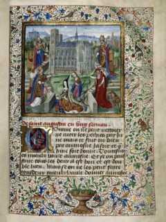 Margaret of York praying in front of the Cathedral of St. Gudula in Brussels, c. 1467-1469.