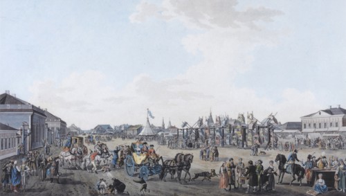 The Podnovinskoye Suburb in Moscow during the Holy Week, 1800s.