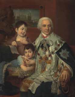 Portrait of Admiral Count Grigory Grigoryevich Kushelev (1754-1833) with children, 1809.