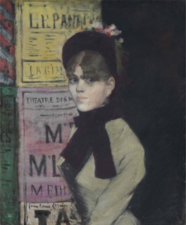 Young woman reading in Front of an Advertising Column, ca 1880-1885.
