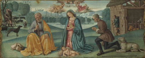 The Adoration of the Shepherds with Filippo Strozzi (predella of the Lecceto Altarpiece), 1487-1488.