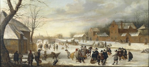 Winter landscape with iceskaters.