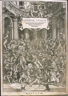 Title page from De humani corporis fabrica by Andreas Vesalius, ca 1543.