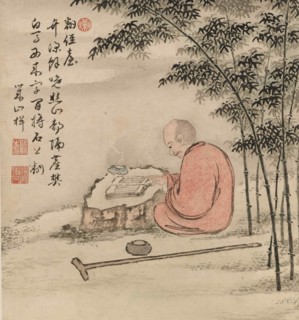 Reading monk in a bamboo forest.