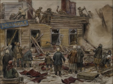 Workmen demolishing wooden houses for fuel , 1920.