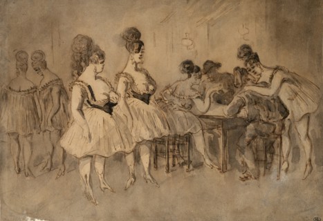 Men with scantily dressed women sitting at the table.