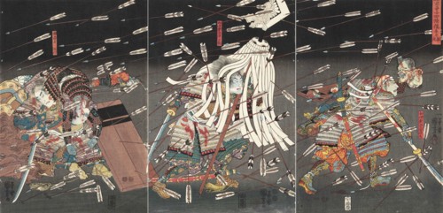 The last stand of the Kusunoki at Shijonawate (Nanke yushi shijonawate nite uchijini), c.1851. Creator: Kuniyoshi, Utagawa (1797-1861).