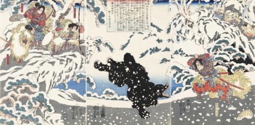 Kamei Rokuro Shigekiyo fighting a black bear in the snow, watched by Yoshitsune and his retainers, 1 Creator: Kuniyoshi, Utagawa (1797-1861).