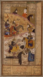 Ardashir murders the King Artabanus V of Parthia (Manuscript illumination), 16th century.
