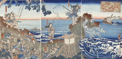At Izu no Oshima, Chinzei Hachiro Tametomo Shoots an Enemy Warship with an Arrow, c1843.