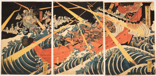 Sesshu Daimotsu no ura Heike onryo arawaruru zu (Attack of the Taira Ghosts at Daimotsu Bay), c1847.