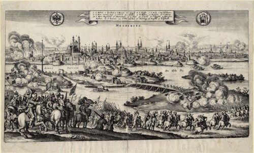 The Imperial army under Johann Tserclaes Count of Tilly storms and sets fire to Magdeburg, 1637.