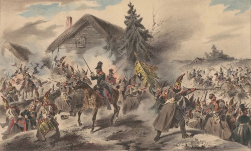 Russian grenadiers attacked by Polish Uhlans, 1835.