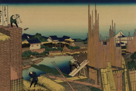 Honjo Tatekawa, the timberyard at Honjo (from a Series "36 Views of Mount Fuji"), 1830-1833.