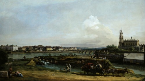 Dresden seen from the left bank of the Elbe river, below the fortifications, 1748.