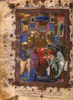 The Presentation of Jesus at the Temple (Manuscript illumination from the Matenadaran Gospel), 1286.