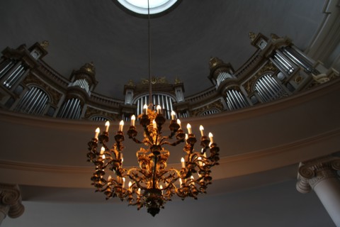 Organ and chandelier, Lutheran Cathedral, Helsinki, Finland, 2011. Artist: Sheldon Marshall