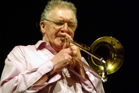 Gordon Campbell, trombone player, The Hawth Theatre, Crawley, West Sussex. Artist: Brian O'Connor