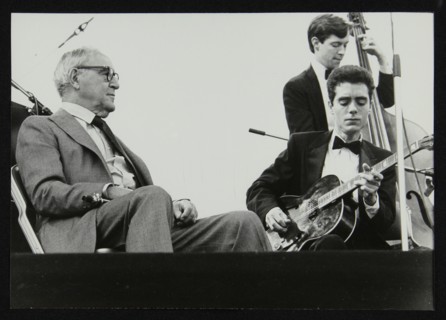 Benny Goodman watching Phil Flanigan and Chris Flory, Knebworth, Hertfordshire, 1982. Artist: Denis Williams