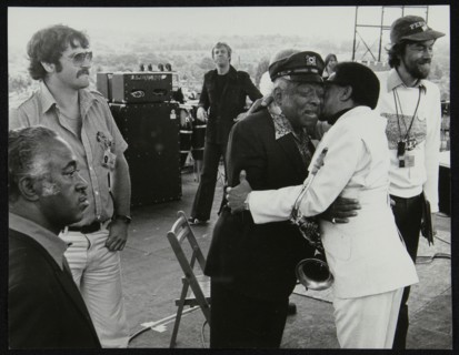 Count Basie and Illinois Jacquet meet up on stage at the Capital Radio Jazz Festival, London, 1979. Artist: Denis Williams