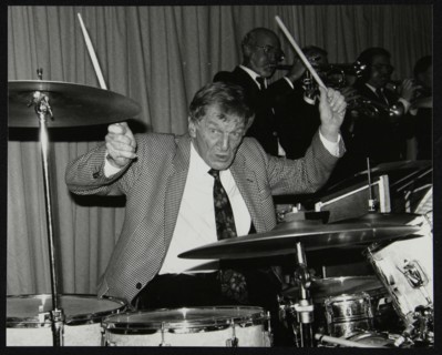 Ronnie Verrell on drums at The Fairway, Welwyn Garden City, Hertfordshire, 1991. Artist: Denis Williams