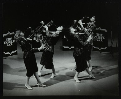 All-female quartet The Fairer Sax performing at the Forum Theatre, Hatfield, Hertfordshire, 1987. Artist: Denis Williams
