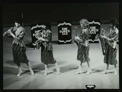 All-female quartet The Fairer Sax performing at the Forum Theatre, Hatfield, Hertfordshire, 1987. Artist: Denis Williams