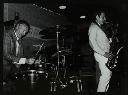 Derek Hogg (drums) and Bobby Wellins (saxophone) playing at The Bell, Codicote, Hertfordshire, 1985. Artist: Denis Williams