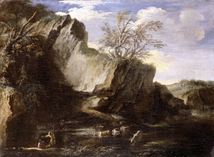 'Rocky landscape with herdsmen and cattle', 1625-1673. Artist: Salvator Rosa.