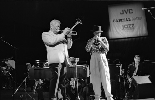 Dizzy Gillespie and Chuck Mangione, Royal Festival Hall, London, 1988.  Artist: Brian O'Connor.