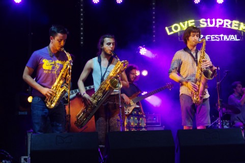 Mak Murtic, R Muscat and S Silas, Love Supreme Jazz Festival, Glynde Place, East Sussex, 2015. Artist: Brian O'Connor.