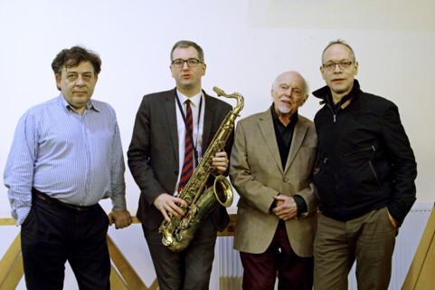 John Critchinson, Stan Tracey, Simon Spillett and Alec Dankworth, February 11, 2017. Artist: Brian O'Connor.